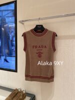 Prada  Early autumn college style outfitMelad color scheme color blocked jacquard letter logo round neck cashmere/wool blend pullover sweater  vest long sleeved vest