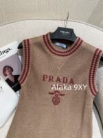 Prada  Early autumn college style outfitMelad color scheme color blocked jacquard letter logo round neck cashmere/wool blend pullover sweater  vest long sleeved vest - Image 40