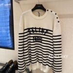 Celine  24 Autumn New Collection  Letter Embroidered Contrast Striped Knitted Sweater Round Neck Shoulder Buckle Hooded Sweater for Women. Loose fit large version
