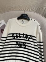 Celine  24 Autumn New Collection  Letter Embroidered Contrast Striped Knitted Sweater Round Neck Shoulder Buckle Hooded Sweater for Women. Loose fit large version - Image 7