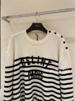 Celine  24 Autumn New Collection  Letter Embroidered Contrast Striped Knitted Sweater Round Neck Shoulder Buckle Hooded Sweater for Women. Loose fit large version - Image 10