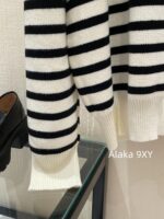 Celine  24 Autumn New Collection  Letter Embroidered Contrast Striped Knitted Sweater Round Neck Shoulder Buckle Hooded Sweater for Women. Loose fit large version - Image 13