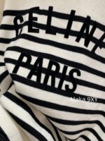 Celine  24 Autumn New Collection  Letter Embroidered Contrast Striped Knitted Sweater Round Neck Shoulder Buckle Hooded Sweater for Women. Loose fit large version - Image 15