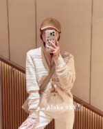 Loropiana's old money fashion outfit  24 autumn/winter new collection Vneck striped color blocked knitted cardigan jacket for women/short sleeved knitted women - Image 9
