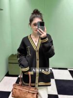 Prada  American college style  street inspired embroidered color blocked logo, large pocket Vneck wool knit cardigan jacket. Loose oversized unisex design