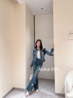 CHANEL  24k Early Autumn New Collection Heavy Industry Enzyme Washed Small Short Round Neck Cowboy Jacket for Women/High Waist Bellbottom Pants for Women Super Skilled and Stylish Pants
