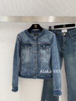 CHANEL  24k Early Autumn New Collection Heavy Industry Enzyme Washed Small Short Round Neck Cowboy Jacket for Women/High Waist Bellbottom Pants for Women Super Skilled and Stylish Pants - Image 5