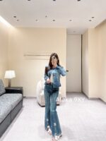 CHANEL  24k Early Autumn New Collection Heavy Industry Enzyme Washed Small Short Round Neck Cowboy Jacket for Women/High Waist Bellbottom Pants for Women Super Skilled and Stylish Pants - Image 22