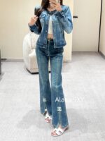 CHANEL  24k Early Autumn New Collection Heavy Industry Enzyme Washed Small Short Round Neck Cowboy Jacket for Women/High Waist Bellbottom Pants for Women Super Skilled and Stylish Pants - Image 24