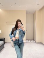 CHANEL  24k Early Autumn New Collection Heavy Industry Enzyme Washed Small Short Round Neck Cowboy Jacket for Women/High Waist Bellbottom Pants for Women Super Skilled and Stylish Pants - Image 25