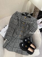CELINE e2024 Autumn and Winter New CollectionGirl's Sensation Thousand Bird Grid Doll Collar Wool Hemp Metal Buckle Medium length Coat for Women. - Image 10
