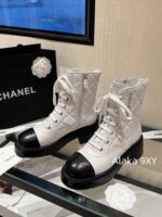 CHANEL24k Autumn/Winter New CollectionHeavy Industry Diamond Grid Pattern Color blocked Martin Boots for Women, Medium to Long Barrel, British Style, Full Leather, Alphabet Grid High Barrel Boots, Thick Bottom Boots - Image 5