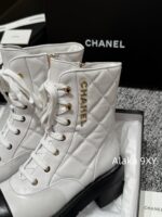 CHANEL24k Autumn/Winter New CollectionHeavy Industry Diamond Grid Pattern Color blocked Martin Boots for Women, Medium to Long Barrel, British Style, Full Leather, Alphabet Grid High Barrel Boots, Thick Bottom Boots - Image 6