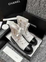 CHANEL24k Autumn/Winter New CollectionHeavy Industry Diamond Grid Pattern Color blocked Martin Boots for Women, Medium to Long Barrel, British Style, Full Leather, Alphabet Grid High Barrel Boots, Thick Bottom Boots - Image 7