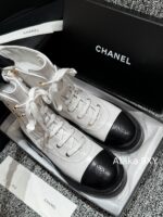 CHANEL24k Autumn/Winter New CollectionHeavy Industry Diamond Grid Pattern Color blocked Martin Boots for Women, Medium to Long Barrel, British Style, Full Leather, Alphabet Grid High Barrel Boots, Thick Bottom Boots - Image 8