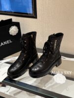 CHANEL24k Autumn/Winter New CollectionHeavy Industry Diamond Grid Pattern Color blocked Martin Boots for Women, Medium to Long Barrel, British Style, Full Leather, Alphabet Grid High Barrel Boots, Thick Bottom Boots - Image 9