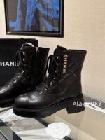 CHANEL24k Autumn/Winter New CollectionHeavy Industry Diamond Grid Pattern Color blocked Martin Boots for Women, Medium to Long Barrel, British Style, Full Leather, Alphabet Grid High Barrel Boots, Thick Bottom Boots - Image 10