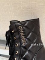 CHANEL24k Autumn/Winter New CollectionHeavy Industry Diamond Grid Pattern Color blocked Martin Boots for Women, Medium to Long Barrel, British Style, Full Leather, Alphabet Grid High Barrel Boots, Thick Bottom Boots - Image 11