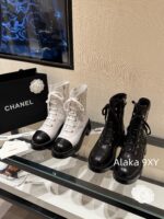 CHANEL24k Autumn/Winter New CollectionHeavy Industry Diamond Grid Pattern Color blocked Martin Boots for Women, Medium to Long Barrel, British Style, Full Leather, Alphabet Grid High Barrel Boots, Thick Bottom Boots - Image 13