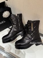 CHANEL24k Autumn/Winter New CollectionHeavy Industry Diamond Grid Pattern Color blocked Martin Boots for Women, Medium to Long Barrel, British Style, Full Leather, Alphabet Grid High Barrel Boots, Thick Bottom Boots - Image 14