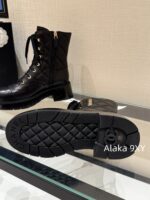 CHANEL24k Autumn/Winter New CollectionHeavy Industry Diamond Grid Pattern Color blocked Martin Boots for Women, Medium to Long Barrel, British Style, Full Leather, Alphabet Grid High Barrel Boots, Thick Bottom Boots - Image 15