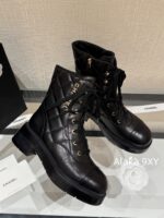 CHANEL24k Autumn/Winter New CollectionHeavy Industry Diamond Grid Pattern Color blocked Martin Boots for Women, Medium to Long Barrel, British Style, Full Leather, Alphabet Grid High Barrel Boots, Thick Bottom Boots - Image 16