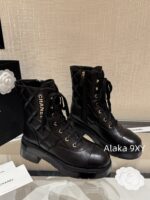 CHANEL24k Autumn/Winter New CollectionHeavy Industry Diamond Grid Pattern Color blocked Martin Boots for Women, Medium to Long Barrel, British Style, Full Leather, Alphabet Grid High Barrel Boots, Thick Bottom Boots - Image 17