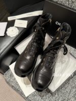 CHANEL24k Autumn/Winter New CollectionHeavy Industry Diamond Grid Pattern Color blocked Martin Boots for Women, Medium to Long Barrel, British Style, Full Leather, Alphabet Grid High Barrel Boots, Thick Bottom Boots - Image 20