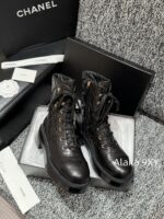 CHANEL24k Autumn/Winter New CollectionHeavy Industry Diamond Grid Pattern Color blocked Martin Boots for Women, Medium to Long Barrel, British Style, Full Leather, Alphabet Grid High Barrel Boots, Thick Bottom Boots - Image 21