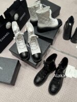 CHANEL24k Autumn/Winter New CollectionHeavy Industry Diamond Grid Pattern Color blocked Martin Boots for Women, Medium to Long Barrel, British Style, Full Leather, Alphabet Grid High Barrel Boots, Thick Bottom Boots - Image 22