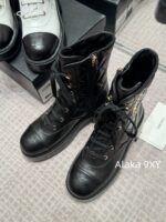 CHANEL24k Autumn/Winter New CollectionHeavy Industry Diamond Grid Pattern Color blocked Martin Boots for Women, Medium to Long Barrel, British Style, Full Leather, Alphabet Grid High Barrel Boots, Thick Bottom Boots - Image 23