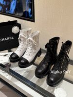 CHANEL24k Autumn/Winter New CollectionHeavy Industry Diamond Grid Pattern Color blocked Martin Boots for Women, Medium to Long Barrel, British Style, Full Leather, Alphabet Grid High Barrel Boots, Thick Bottom Boots - Image 24