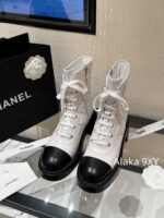 CHANEL24k Autumn/Winter New CollectionHeavy Industry Diamond Grid Pattern Color blocked Martin Boots for Women, Medium to Long Barrel, British Style, Full Leather, Alphabet Grid High Barrel Boots, Thick Bottom Boots - Image 25