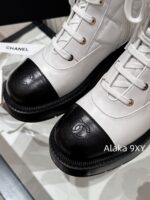 CHANEL24k Autumn/Winter New CollectionHeavy Industry Diamond Grid Pattern Color blocked Martin Boots for Women, Medium to Long Barrel, British Style, Full Leather, Alphabet Grid High Barrel Boots, Thick Bottom Boots - Image 26