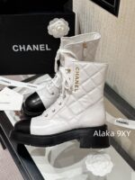 CHANEL24k Autumn/Winter New CollectionHeavy Industry Diamond Grid Pattern Color blocked Martin Boots for Women, Medium to Long Barrel, British Style, Full Leather, Alphabet Grid High Barrel Boots, Thick Bottom Boots - Image 28