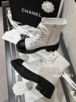 CHANEL24k Autumn/Winter New CollectionHeavy Industry Diamond Grid Pattern Color blocked Martin Boots for Women, Medium to Long Barrel, British Style, Full Leather, Alphabet Grid High Barrel Boots, Thick Bottom Boots - Image 29