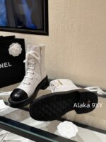 CHANEL24k Autumn/Winter New CollectionHeavy Industry Diamond Grid Pattern Color blocked Martin Boots for Women, Medium to Long Barrel, British Style, Full Leather, Alphabet Grid High Barrel Boots, Thick Bottom Boots - Image 30