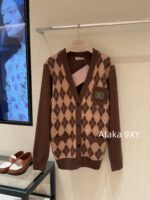 MIUMIU   24 Autumn/Winter New CollectionGirl's Sensation Academy Color blocked Grid Wool Cashmere Knitted Cardigan Loose Sweater