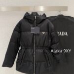 PRADA   2024 SS Autumn/Winter New Collection  Triangular logo letter hooded black ant elastic waist cinched waist, national standard 90 goose down down jacket, women's bread jacket