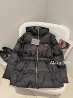 PRADA   2024 SS Autumn/Winter New Collection  Triangular logo letter hooded black ant elastic waist cinched waist, national standard 90 goose down down jacket, women's bread jacket - Image 19
