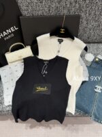 CHANEL   2024 Autumn/Winter New Collection Signature Letter Logo Wool Sleeveless Lace Knitted Tank Top for Women. Available in black and white - Image 14
