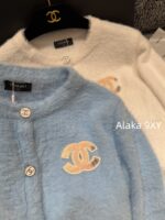 CHANEL 2024ss Autumn/Winter New Collection  Baby Blue Color Super ComfortableRound Neck Logo Long Velvet Cashmere Knitted Cardigan Looks White and Brighter - Image 3
