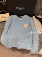 CHANEL 2024ss Autumn/Winter New Collection  Baby Blue Color Super ComfortableRound Neck Logo Long Velvet Cashmere Knitted Cardigan Looks White and Brighter - Image 5
