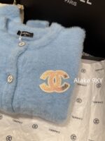 CHANEL 2024ss Autumn/Winter New Collection  Baby Blue Color Super ComfortableRound Neck Logo Long Velvet Cashmere Knitted Cardigan Looks White and Brighter - Image 9