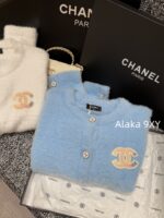 CHANEL 2024ss Autumn/Winter New Collection  Baby Blue Color Super ComfortableRound Neck Logo Long Velvet Cashmere Knitted Cardigan Looks White and Brighter - Image 10