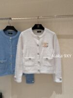 CHANEL 2024ss Autumn/Winter New Collection  Baby Blue Color Super ComfortableRound Neck Logo Long Velvet Cashmere Knitted Cardigan Looks White and Brighter - Image 11