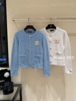CHANEL 2024ss Autumn/Winter New Collection  Baby Blue Color Super ComfortableRound Neck Logo Long Velvet Cashmere Knitted Cardigan Looks White and Brighter - Image 12