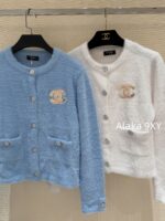 CHANEL 2024ss Autumn/Winter New Collection  Baby Blue Color Super ComfortableRound Neck Logo Long Velvet Cashmere Knitted Cardigan Looks White and Brighter - Image 13