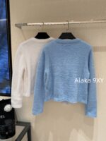 CHANEL 2024ss Autumn/Winter New Collection  Baby Blue Color Super ComfortableRound Neck Logo Long Velvet Cashmere Knitted Cardigan Looks White and Brighter - Image 15
