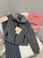 MIUMIU  24ss Autumn/Winter New Collection  Plush Collar Grey Short Edition Super Warm Suede Embroidered Logo Down Jacket for Women. - Image 10